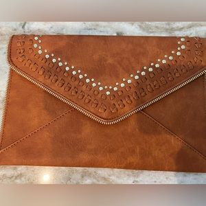 Moda Luxe Envelope Clutch with removable gold chain. Brown